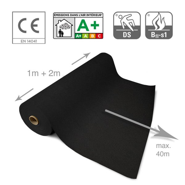 Rolle schwarzer Bodenbelag mit CE-Kennzeichnung, Emissionsklasse A+, Rutschhemmung DS und Brandschutzklasse Bfl-s1