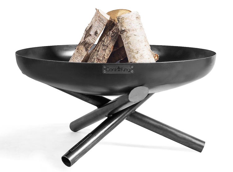 CookKing Feuerschale aus Stahl mit überkreuztem Standfuß und Brennholz.