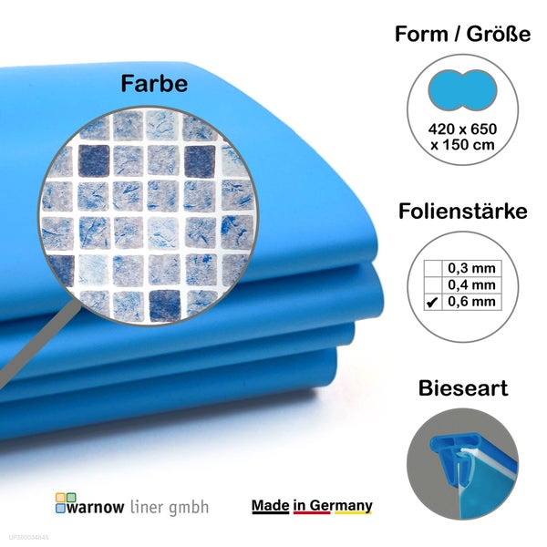 Poolfolie mit Mosaikmuster, Form, Grösse und Folienstärke sind dargestellt, Warnow Liner GmbH Logo, Made in Germany Siegel.