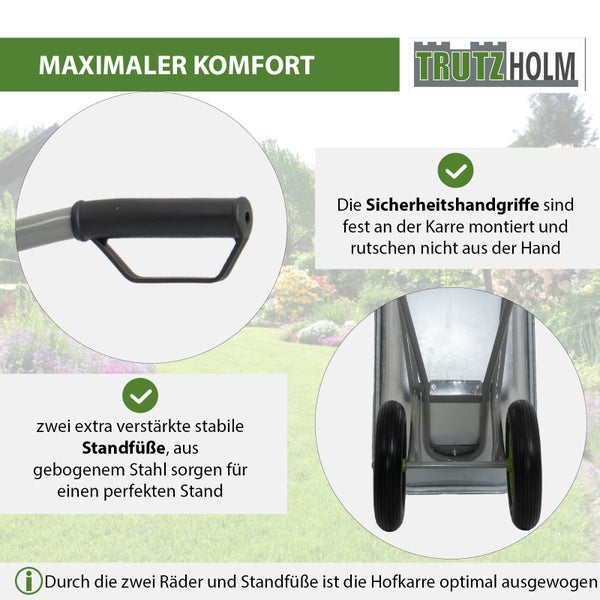 Trutzholm Logo. Hofkarre mit Sicherheitshandgriffen, Handschutz, zwei verstärkten Stahlfüßen und zwei Rädern für Stabilität.