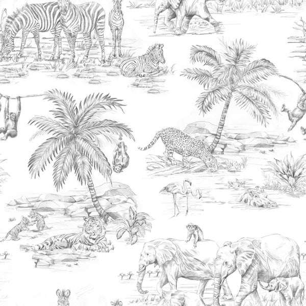 Illustration mit Zebras, Elefanten, Leoparden, Tigern, Affen, Flamingos, Nilpferden und Palmen