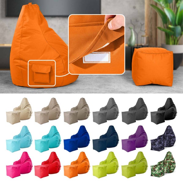 Green Bean 2er Set Sitzsack + Hocker - fertig befüllt - robust waschbar schmutzabweisend - Kinder & Erwachsene Bean Bag Bodenkissen Lounge Sitzhocker Relax-Sessel Gamer Gamingstuhl Pouf - Orange