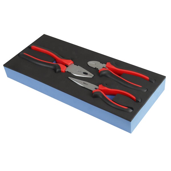 PROREGAL Werkzeug Satz Werkstattwagen Cheetah Kombizange Spitzzange Seitenschneider 3 Teile mit Schaumstoff Schubladeneinlage HxBxT 4,6 x 34 x 12,5 cm