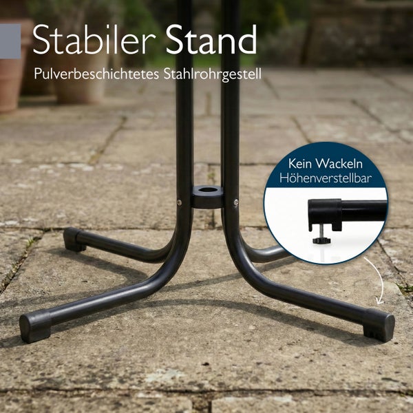 Stabiles Stahlrohrgestell mit pulverbeschichteter Oberfläche und höhenverstellbaren Füßen für einen sicheren Stand.