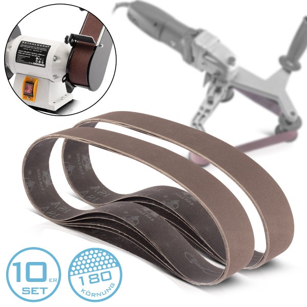 Set mit 10 Schleifbändern der Körnung 180, geeignet für Bandschleifmaschinen und Rohrbandschleifer.