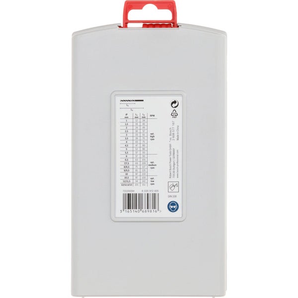 Verpackung eines Bohrersatzes mit Größenangaben