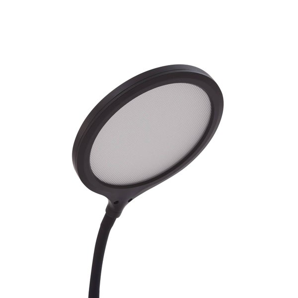 Nahaufnahme eines runden schwarzen LED-Lampenkopfs mit weißem strukturiertem Diffusor und flexiblem Hals.