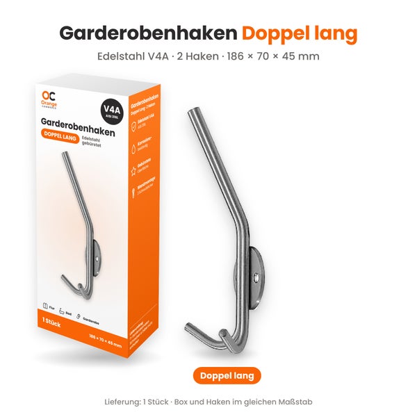 Doppelter Garderobenhaken aus gebürstetem Edelstahl V4A mit Montageplatte zur Wandbefestigung und Verpackung