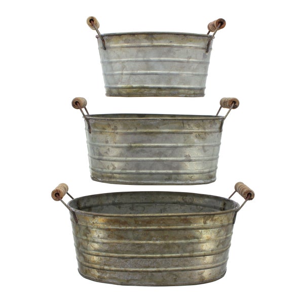 FRANK FLECHTWAREN | Metallwanne mit Holzgriffen, 3er Set, METALL, 17 x 12 x 8 cm, 20 x 14 x 9 cm, 24 x 15 x 10 cm, bei Direktbepflanzung mit Folie ausschlagen