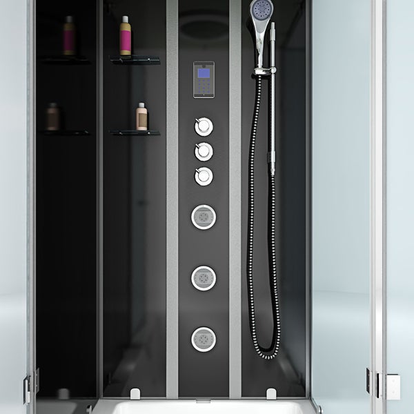 Moderne Duschsäule in einer Glaskabine mit Handbrause, digitalem Display, drei Drehreglern, drei Massagedüsen und Glasablagen.