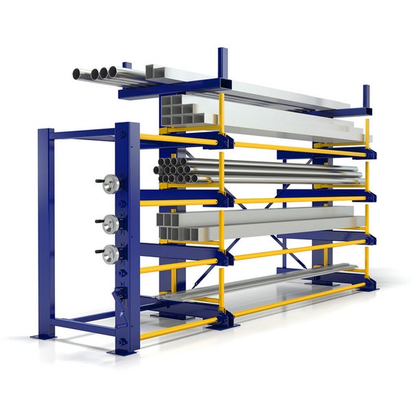 R+R Industrietechnik Roll-Aus-Regal einseitg Typ RRA-E45 1x4 Lagerebenen plus Dachablage 2500kg Traglast pro Arm