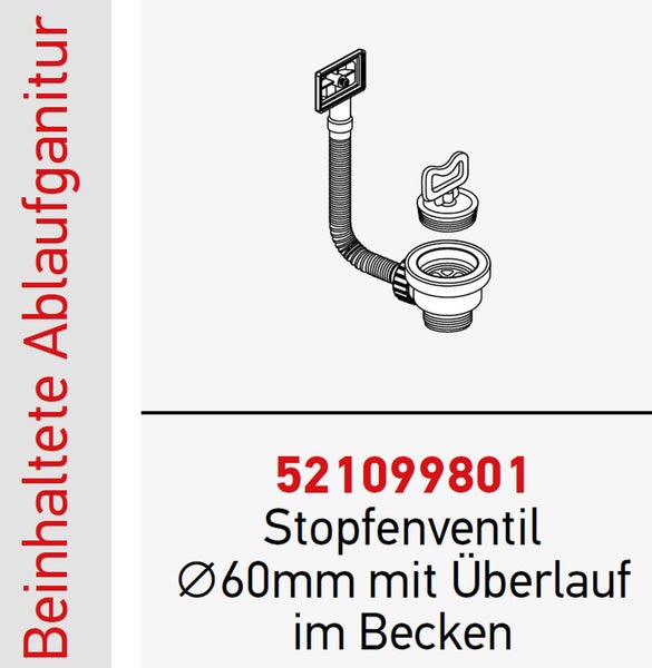 Stopfenventil mit Überlauf, 60 Millimeter Durchmesser, inklusive Ablaufgarnitur für Waschbecken.