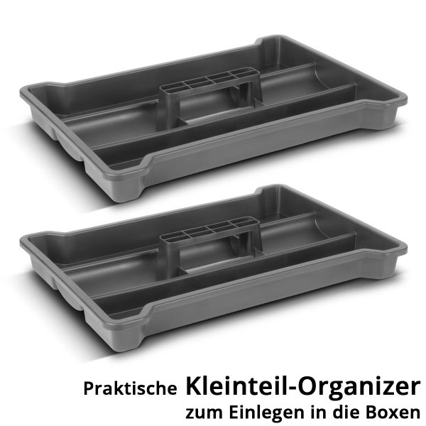 Zwei graue Kleinteile Organizer zum Einlegen in Boxen