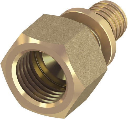 Messing-Adapter mit Innengewinde und Außengewinde für Sanitärinstallationen.