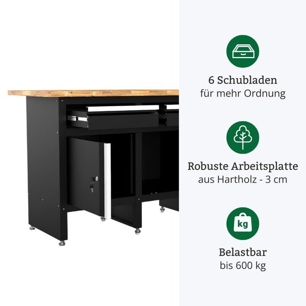Werkbank mit sechs Schubladen, Arbeitsplatte aus Hartholz und Belastbarkeit bis 600 kg