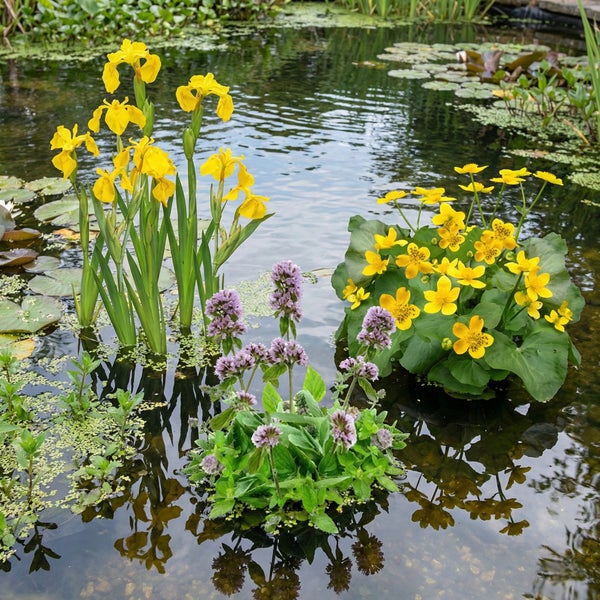 Hell gestalteter Gartenteich mit gelber Sumpf-Schwertlilie, Sumpfdotterblume und lila Wasserminze in einer organisierten Anordnung.