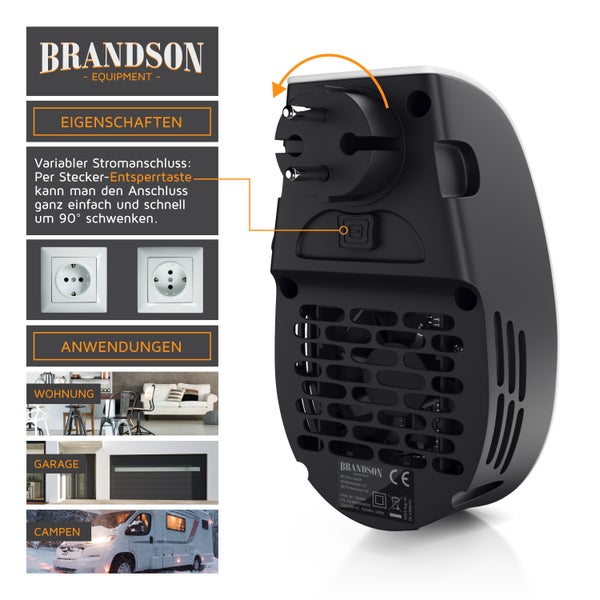 Brandson 500W Steckdosen Heizlüfter, Mini Keramikheizgerät mit Fernbedienung, Überhitzungsschutz, Automatische Abschaltung, Schwarz