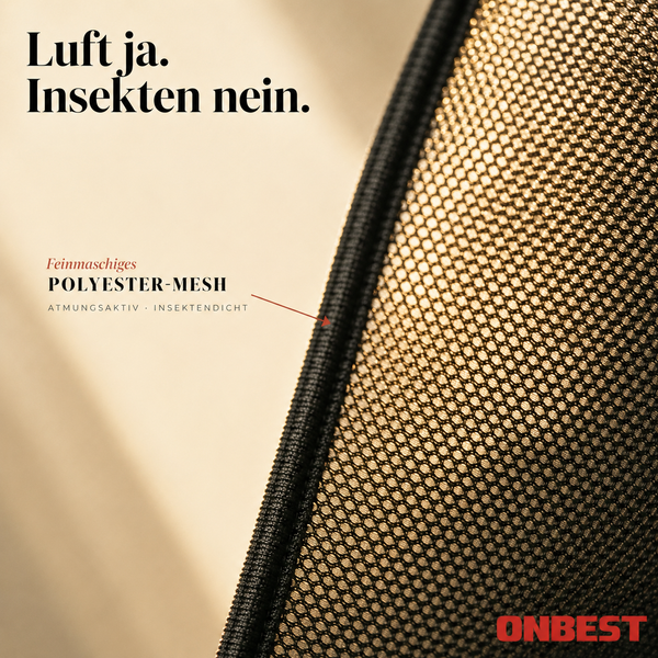 Nahaufnahme eines feinmaschigen Insektenschutzgitters aus Polyester. Atmungsaktiv und insektendicht. ONBEST Logo.