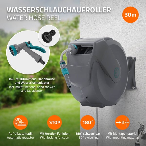 ECD Germany Schlauchaufroller 30m+2m, Schlauchtrommel, Wand-Schlauchbox RollUp mit Arretierstop und 9 Sprühfunktionen, 180° Schwenkbar, Automatischer Wasser Gartenschlauch-Aufroller zur Wandmontage
