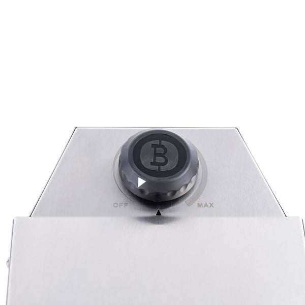 Schwarzer Drehregler auf Edelstahl mit den Markierungen OFF und Maximum und Burnhard Logo.