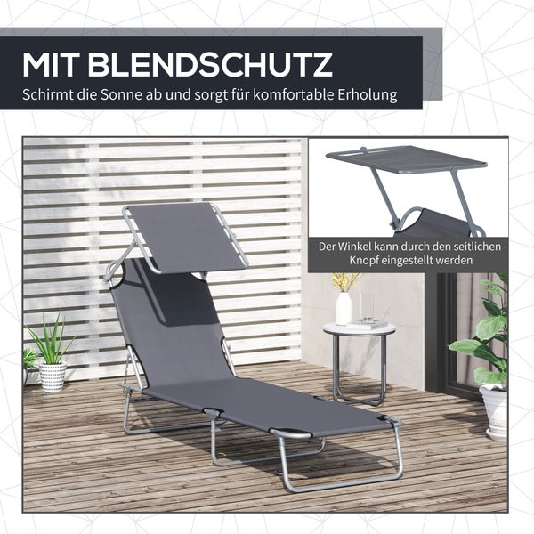 Outsunny Sonnenliege, klappbar, mit Sonnenschutz, 187 x 58 x 36 cm, Metall, Oxford-Gewebe, Grau