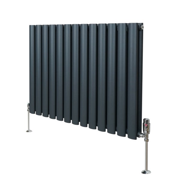 Oval Röhrenheizkörper & Chrom Thermostatventile – 600mm x 780mm - Anthrazitgrau