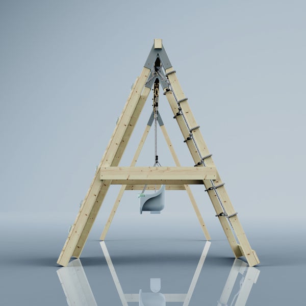 Klettergerüst aus Holz in A-Form mit Schaukel, Kletterwand und Strickleiter für Kinder.