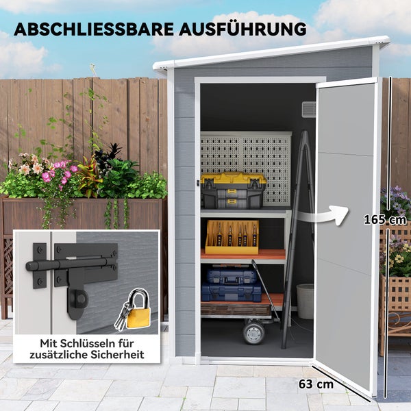 Gartenschrank mit abschließbarer Ausführung und einer Tür geöffnet, zeigt das Innere mit Regalen und Werkzeugkästen. Abmessungen: 165 cm hoch und 63 cm breit.