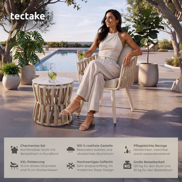 Tectake Home Sitzgruppe mit Stuhl und Beistelltisch aus Aluminium mit moderner Rope Bespannung und komfortabler Polsterung am Pool.