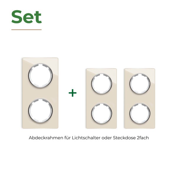 Set aus drei Abdeckrahmen für Lichtschalter oder Steckdosen, zweifach, geeignet für Unterputzinstallation.