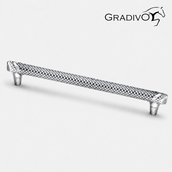 Möbelgriff aus Metall mit Rautenstruktur und Gradivo Logo.