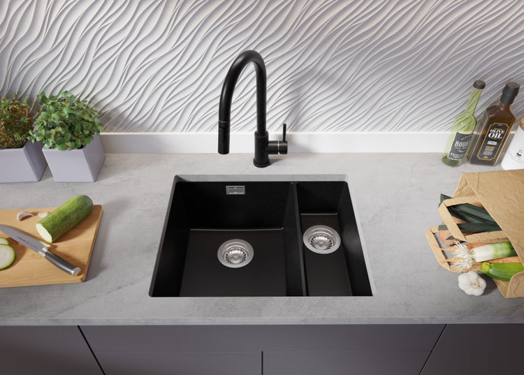 PRIMAGRAN Unterbauspüle Granit Alles Schwarz 56x47cm, Spülbecken 1,5 Becken + Ablauf-Set, Granitspüle ab 60er Unterschrank - London Duo