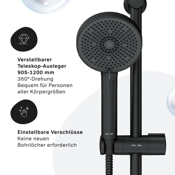 Schwarze Duschstange mit verstellbarem Teleskop-Ausleger von 905 bis 1200 mm und einstellbaren Verschlüssen