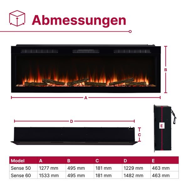 Abmessungen der Elektro-Kamine Sense 50 und Sense 60 in Millimeter für Breite, Höhe und Tiefe in Frontansicht, Draufsicht und Seitenansicht.