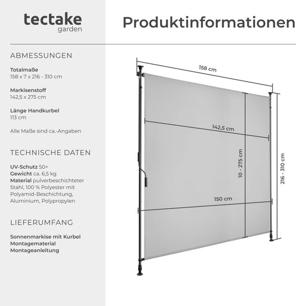 Klemmmarkise tectake Taija leichtgängige Handkurbel verschiedene Größen hellgrau