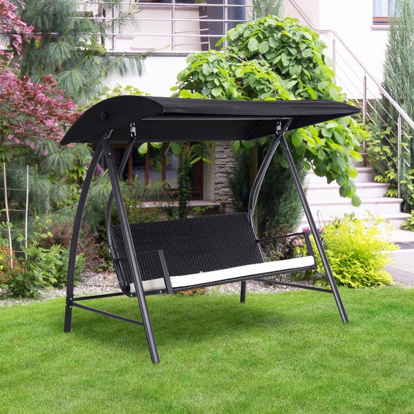 Outsunny Hollywoodschaukel, 3-Sitzer, mit Dach, 198 x 124 x 179 cm, Polyrattan+Metall, Schwarz
