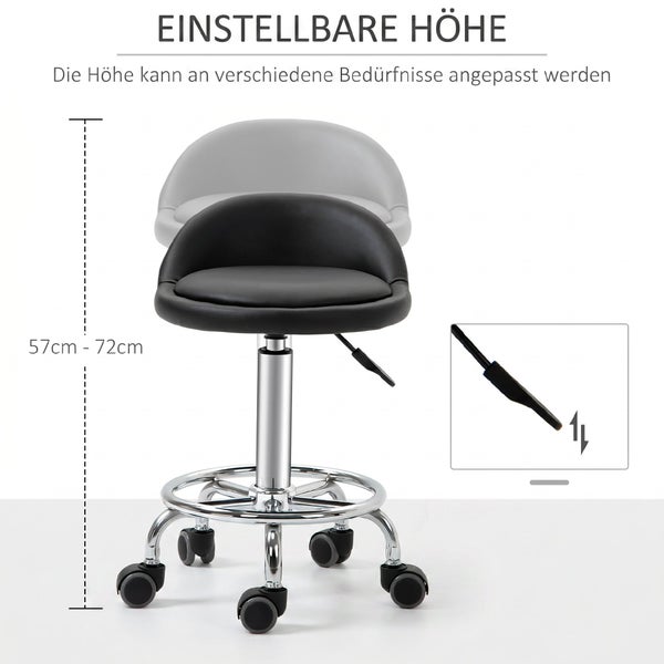 Höhenverstellbarer schwarzer Arbeitshocker mit Polsterung, Rollen und Chromgestell. Sitzhöhe variabel zwischen 57 und 72 Zentimeter.