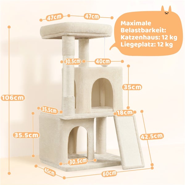 Katzenkratzbaum mit Katzenhaus, Liegeflächen und Kratzrampe, mit Maßangaben