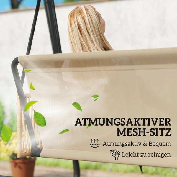 Atmungsaktiver und bequemer Mesh-Sitz einer Gartenschaukel mit Symbolen für Luftdurchlässigkeit und einfache Reinigung.