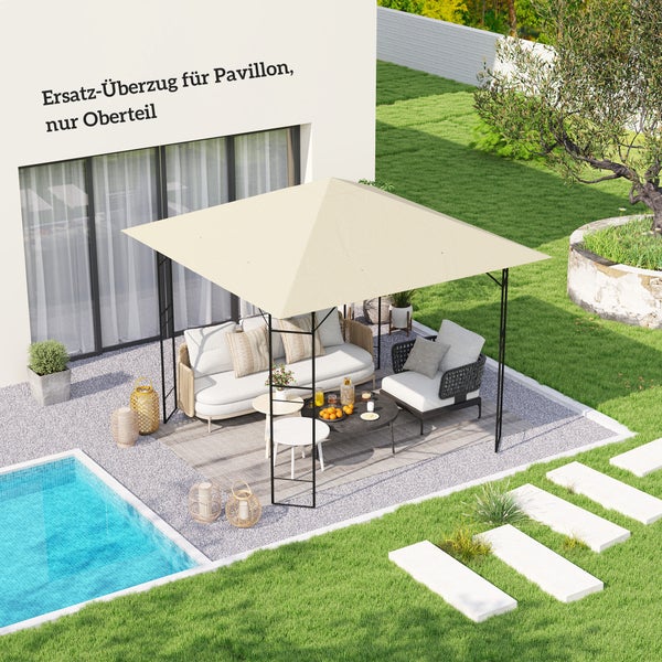 Beige Ersatzdach-Plane für Gartenpavillon in einem modernen Garten mit Lounge-Set, Pool und Rasenfläche.
