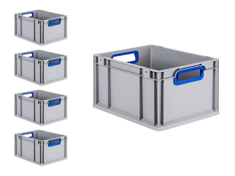 PROREGAL Spar Set 5x Eurobox Nextgen Color HxBxT 22 x 30 x 40 cm 20 Liter Griffe Blau Offen Glatter Boden Eurobehälter Transportbox