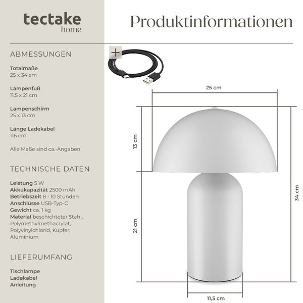 Produktinformationen der Tischlampe mit Ladekabel und Abmessungen.