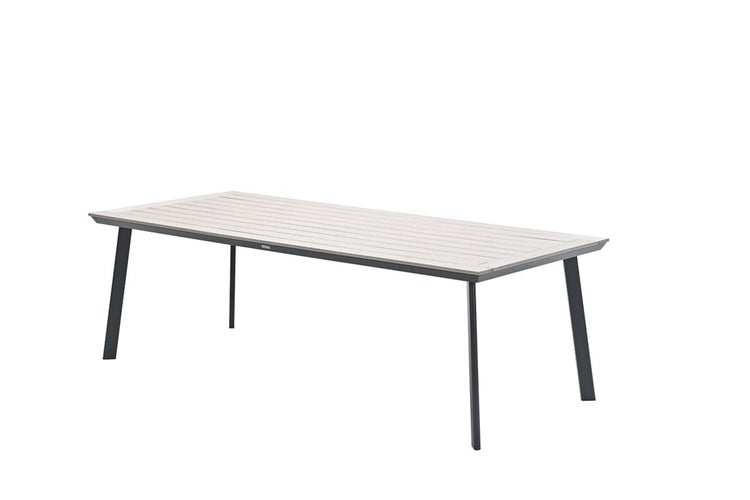 Rechteckiger Gartentisch mit dunkelgrauem Aluminiumgestell und hellgrauer Tischplatte in Holzoptik.