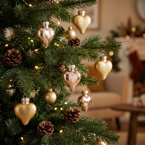 Weihnachtsbaum mit herzförmigem Baumschmuck, kleinen Weihnachtskugeln und Tannenzapfen, dekoriert mit einer Lichterkette in einem Wohnzimmer.