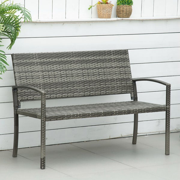 Outsunny Gartenbank, Sitzbank in Rattanoptik, für 2 Personen, bis 320 kg Belastbar, 122 x 60 x 85cm, PE Polyrattan, Stahl, Grau