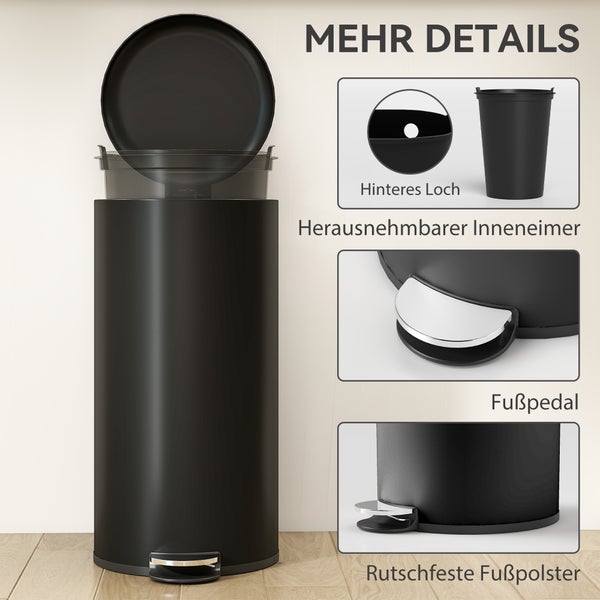 Schwarzer Treteimer mit Detailansichten von herausnehmbarem Inneneimer, Fußpedal und rutschfester Unterseite.
