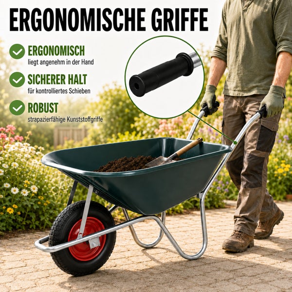 Schubkarre mit ergonomischen Kunststoffgriffen wird im Garten geschoben. Detailansicht zeigt den robusten Griff für einen sicheren Halt.