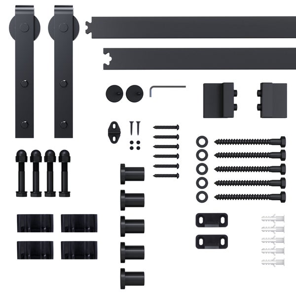 HOMCOM Schiebetüren-Beschlagsatz mit Schrauben Laufschiene Komplett-Set Schiebetürsystem für einzelne Holztür, aus Kohlenstoffstahl Schwarz 200 x 40 x 0,6 cm