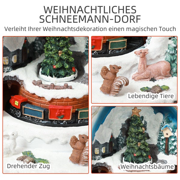 HOMCOM Weihnachtsdorf mit LED-Leuchtung, 24 cm Weihnachtsstadt mit Musik, Schneemann, Weihnachtsbaum und beweglicher Zug, Winterlandschaft für Weihnachten, Mehrfarbig