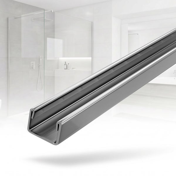 U-Profil aus Metall für Glasduschwände, abgebildet in einem hellen, modernen Badezimmer.